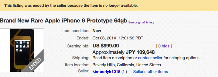IPhone6 Prototype ebay closed